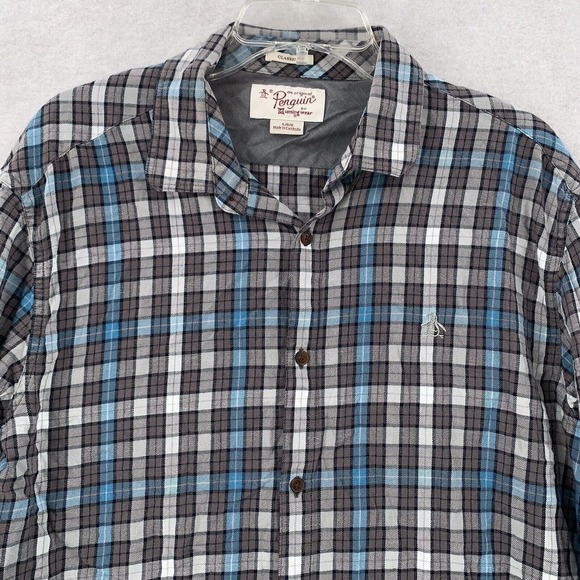 Penguin Classic Fit Blue Black Gray Madras Plaid Flannel Button‎ Shirt Mens Lg - Picture 3 of 9